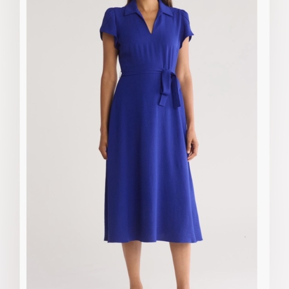 DKNY BLUE TIE Waist Collared Shirtdress